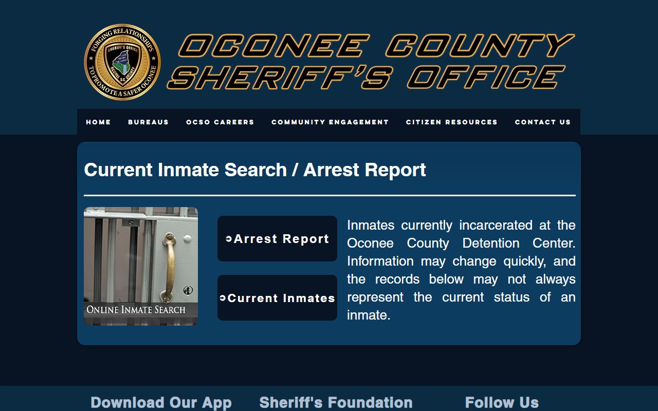 Oconee County inmate population search landing page with current inmates and arrest report links